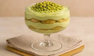 Grünes Tiramisu im Glas, garniert mit gehackten Pistazien.