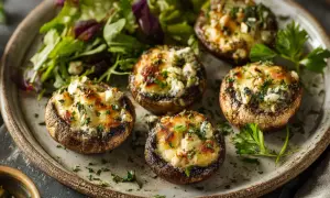 Gefüllte Champignons mit Käse und Kräutern auf einem Teller mit Salat.