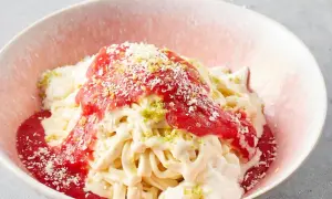 Spaghettieis mit Erdbeersoße und Kokosraspeln in einer rosa Schale.