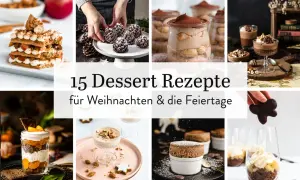 Collage mit verschiedenen Weihnachtsdesserts: Schichtdessert, Schoko-Tannen, Tiramisu im Glas, Schokomousse, Apfel-Crumble im Glas.