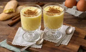 Zwei Gläser Zabaione mit Zimt bestreut, daneben Löffel, Kekse und Eier.
