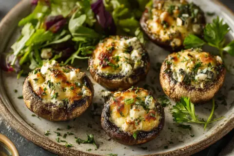 Gefüllte Champignons mit Käse und Kräutern auf einem Teller mit Salat.