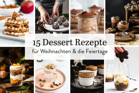 Collage mit verschiedenen Weihnachtsdesserts: Schichtdessert, Schoko-Tannen, Tiramisu im Glas, Schokomousse, Apfel-Crumble im Glas.