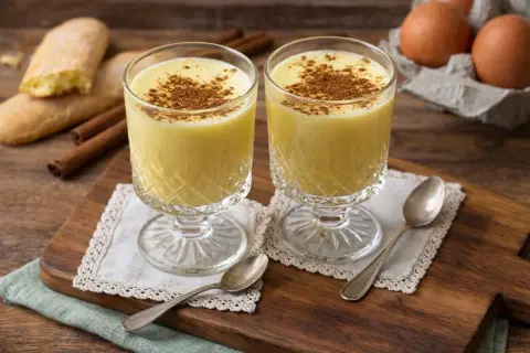 Zwei Gläser Zabaione mit Zimt bestreut, daneben Löffel, Kekse und Eier.