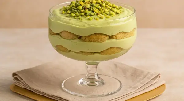 Grünes Tiramisu im Glas, garniert mit gehackten Pistazien.