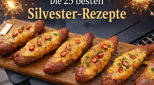 Gegrillte Würstchen mit Käse und Chili auf Holzbrett, Silvester-Deko.