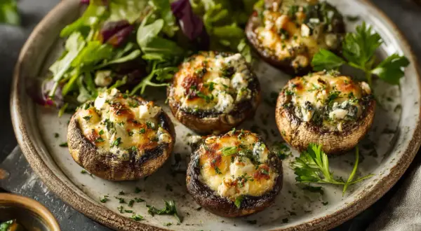 Gefüllte Champignons mit Käse und Kräutern auf einem Teller mit Salat.