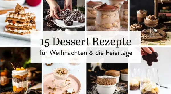 Collage mit verschiedenen Weihnachtsdesserts: Schichtdessert, Schoko-Tannen, Tiramisu im Glas, Schokomousse, Apfel-Crumble im Glas.
