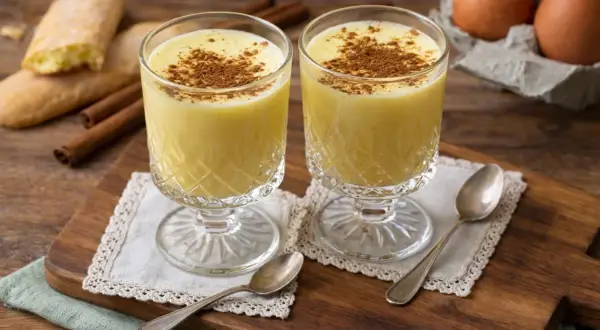 Zwei Gläser Zabaione mit Zimt bestreut, daneben Löffel, Kekse und Eier.