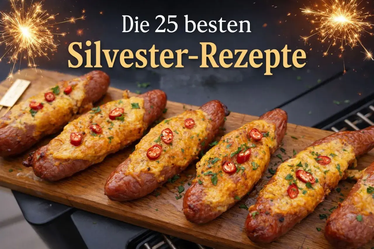 Gegrillte Würstchen mit Käse und Chili auf Holzbrett, Silvester-Deko.
