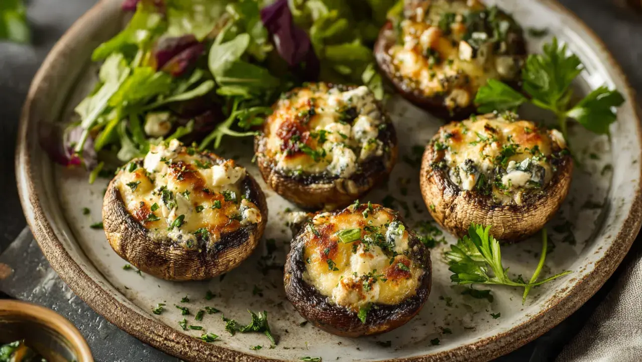 Gefüllte Champignons mit Käse und Kräutern auf einem Teller mit Salat.