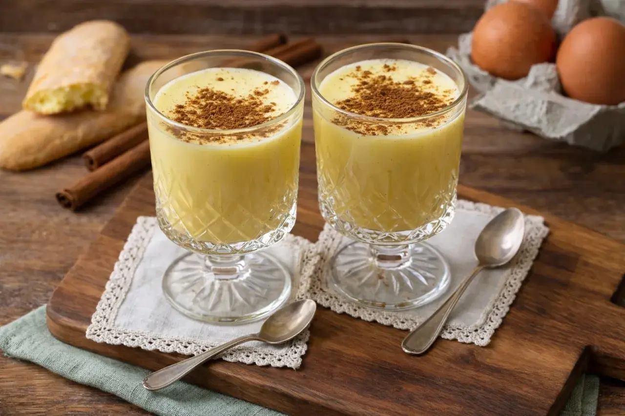 Zwei Gläser Zabaione mit Zimt bestreut, daneben Löffel, Kekse und Eier.
