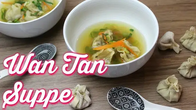 vegetarische Wan Tan Suppe mit Tofu und Pilzen in einer Schüssel