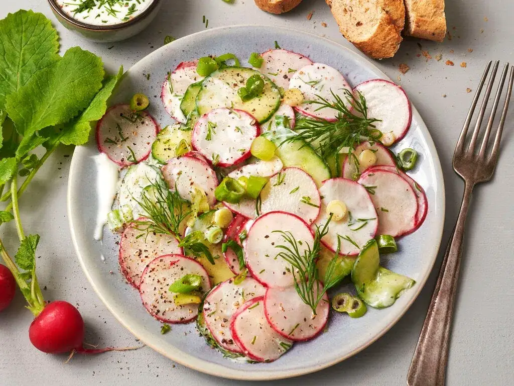 frischer Gurken Radieschen Salat in einer Glassch&uuml;ssel mit Dill