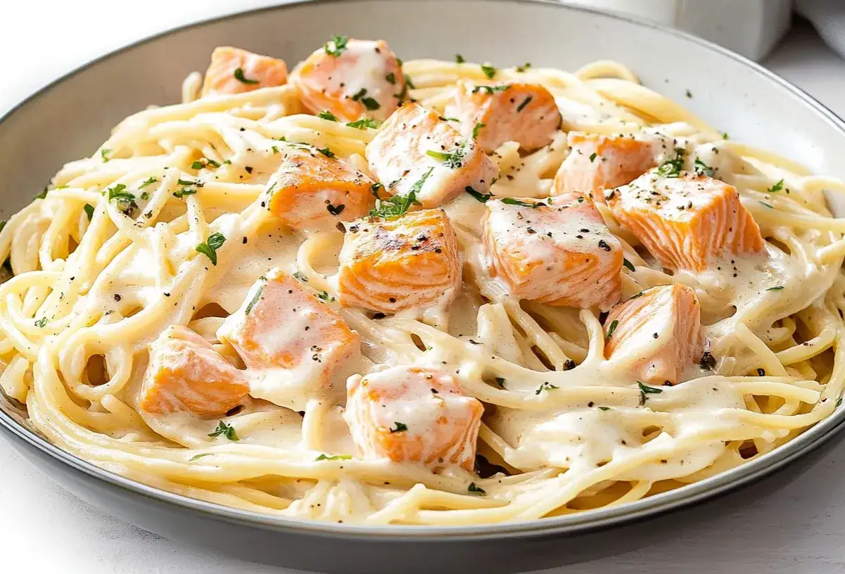 Zutaten f&uuml;r Nudeln mit Lachs Sahne So&szlig;e auf einem K&uuml;chentisch