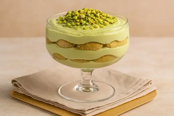 Grünes Tiramisu im Glas, garniert mit gehackten Pistazien.