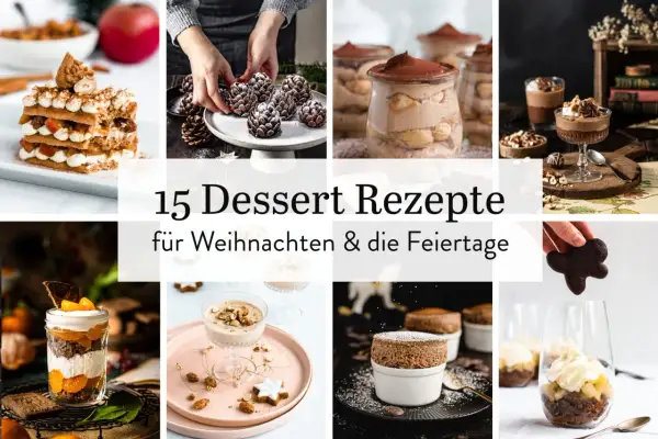 Collage mit verschiedenen Weihnachtsdesserts: Schichtdessert, Schoko-Tannen, Tiramisu im Glas, Schokomousse, Apfel-Crumble im Glas.